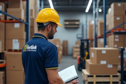 Fleetlink staff managing pallets and logistics paperwork in warehouse