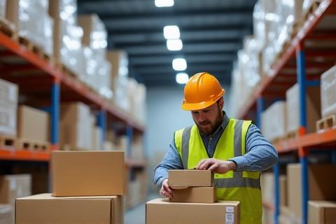 Warehouse worker packing e-commerce order for shipment